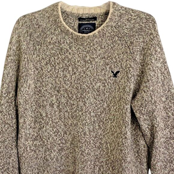 American Eagle Ragg Wool Sweater Mens Size M Preppy Oatmeal Marl Knit Crewneck - Picture 2 of 12